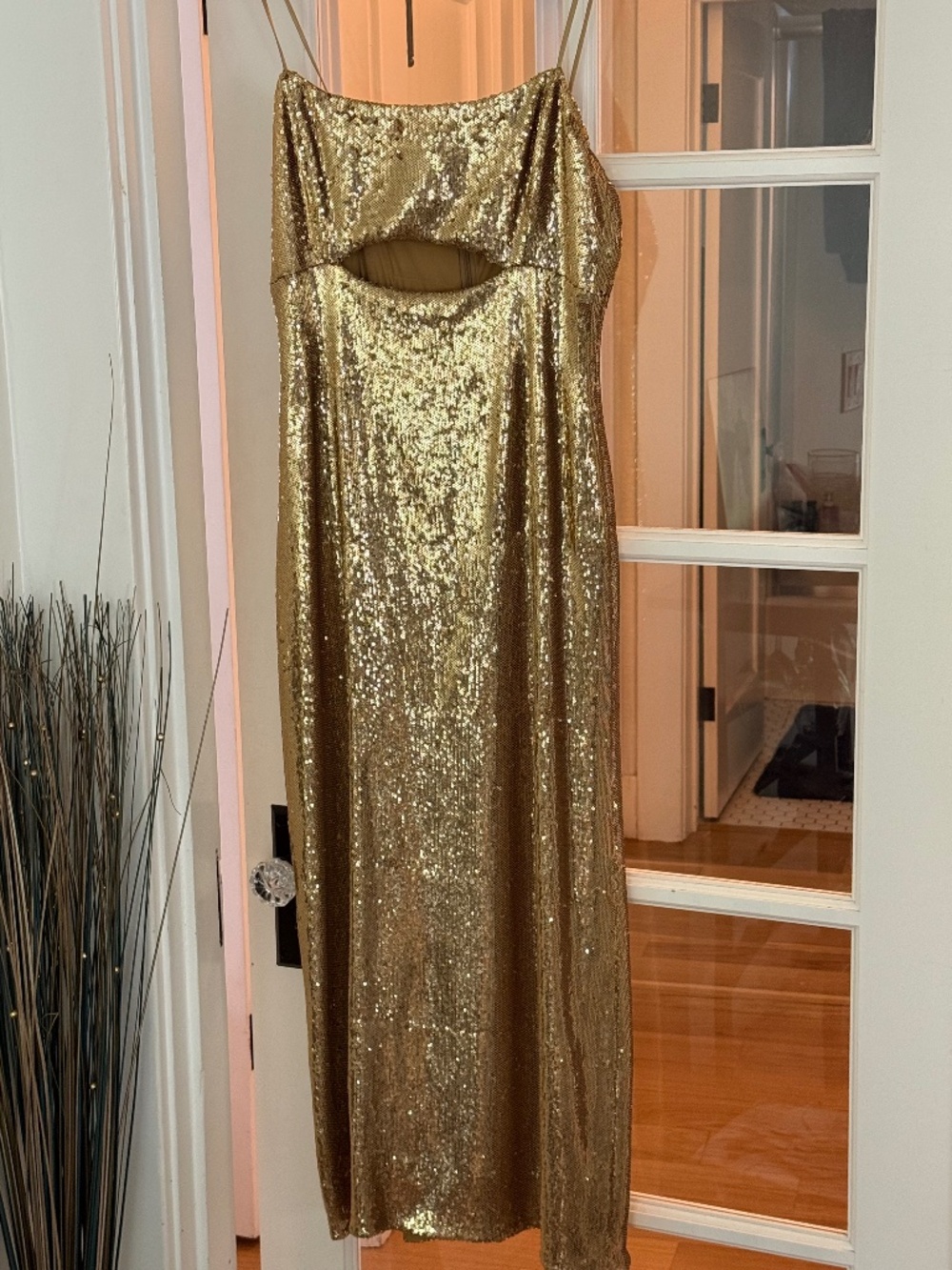 Halston Ray Gold Metallic Sequin Cutout Midi Dress - Size 12